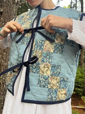 Quilt Tie-Front Vest in Light Blue - Handmade